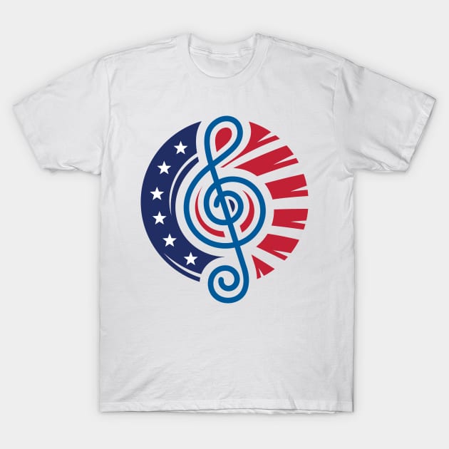 Round America Flag Design with a Treble Clef Music Note at the Center T-Shirt by GeeTee